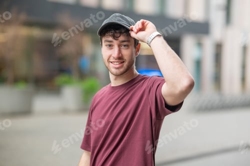 Preview: Young man smiling and tipping his hat