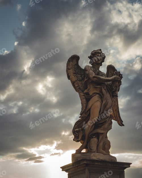 Preview: Victorian statue of an angel with an angry facial expression under the dark cloudy sky