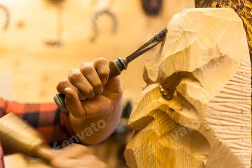 Preview: Wood carver manufacturing traditional Krampus mask