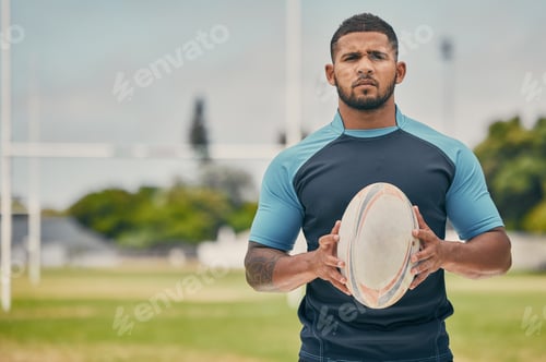 Preview: Rugby, field and portrait of man with ball, serious expression and confidence in winning game. Fitn
