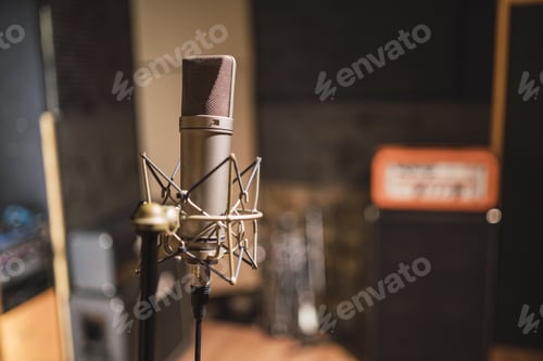 Preview: Horizontal shot of a microphone, professional equipment in the recording studio