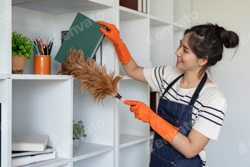 Preview: Woman dusting shelves with feather duster in office setting
