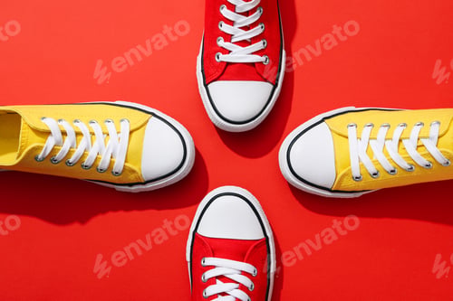 Preview: Concept of shoes - red and yellow sneakers, top view