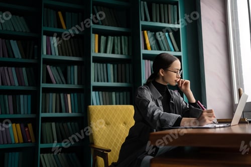 Preview: woman records work in the office, social network communication, online report in the company