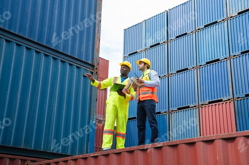 Preview: Male Industrial Engineer and Foreman control to work Check the safety of the container.