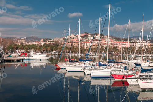 Preview: Creek with white yachts and embankment of city of La Spezia in Italy in February