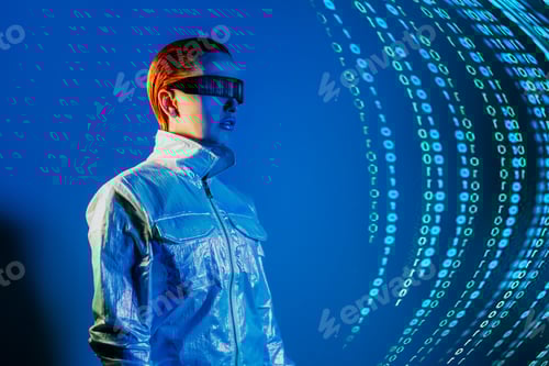 Preview: Woman, dressed in futuristic holographic clothes and eyeglasses with reflection of matrix code