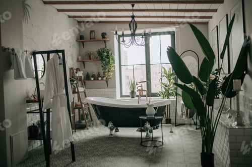 Preview: Luxury interior of eco style modern bathroom with oval bathtub and accessories at natural lighting