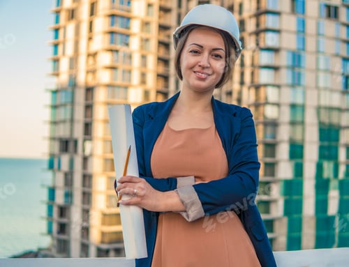 Preview: beatiful business woman engineer is standing with plan papers