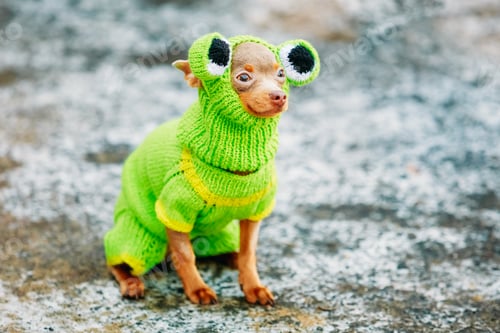 Preview: Chihuahua Dog Dressed Up In Frog Outfit, Staying Outdoor In Cold