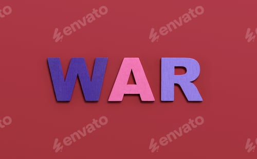 Preview: WAR, word written in colorful alphabet letters on red background. The concept of a terrible war