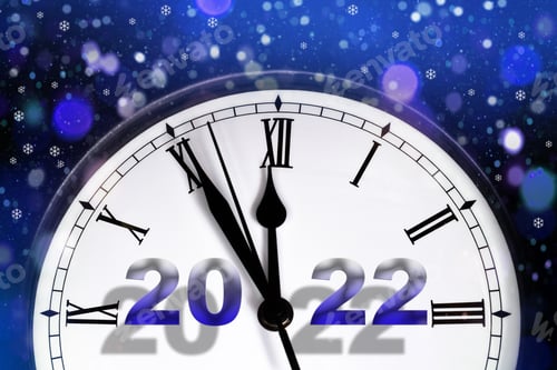 Preview: Clock about to strike midnight, Happy New Year 2022 with blue bokeh background