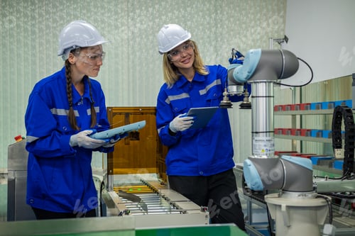 Preview: Engineer factory industry wearing safety uniform work and checking system of the welding robots for