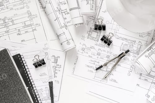 Preview: architect design working drawing sketch plans blueprints and making architectural construction model