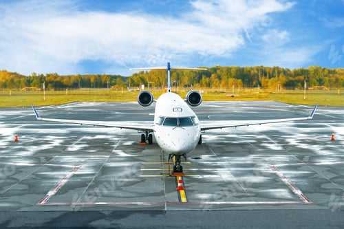 Preview: aircraft on runway preparing for takeoff at the airport. Preparation of the airplane before flight.