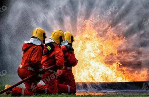 Preview: fire fighter team on training with gas and oil fire hold hose spray jet water spray to extinguish