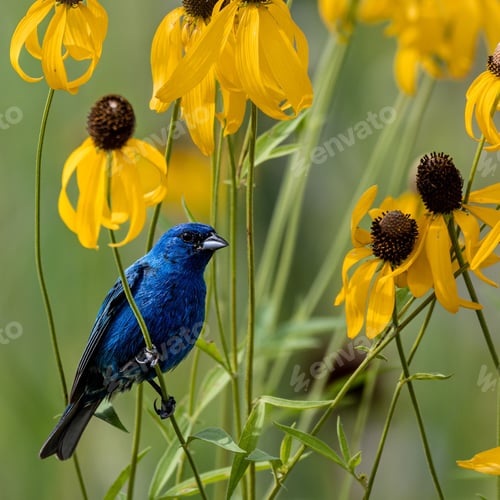 Preview: Close-up of an indigo bunting (Passerina cyanea) bird resting on a flower filed