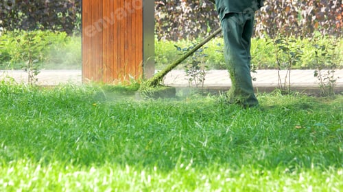 Preview: Worker cutting grass using string lawn trimmer.