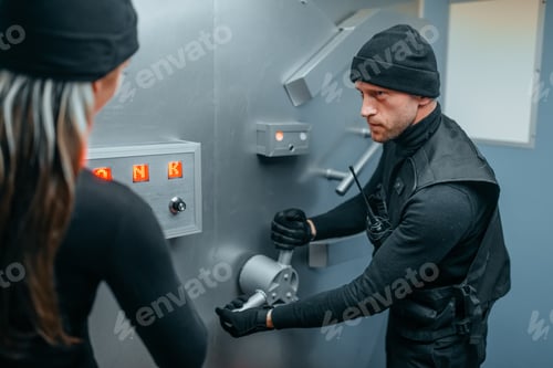 Preview: Two robbers in uniform trying to break vault lock