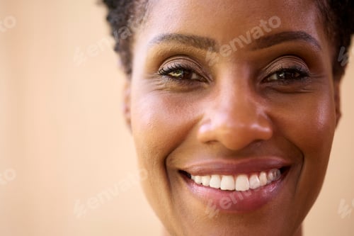 Preview: Close Up Beauty Portrait Of Smiling Mature Woman Against Natural Background
