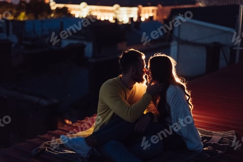 Preview: Loving couple is sitting on the roof of the house. Beautiful evening