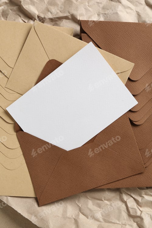 Preview: Blank invitation card, envelopes and parchment paper on table, top view. Space for design