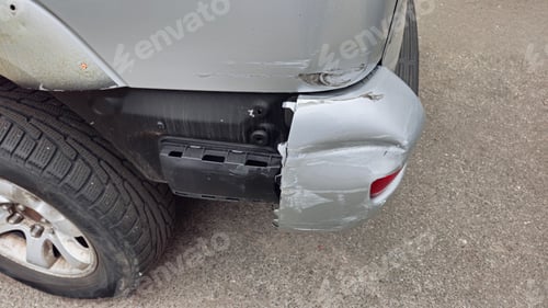 Preview: Car crash or accident. Front fender and light damage and scratches on bumper. Broken vehicle detail
