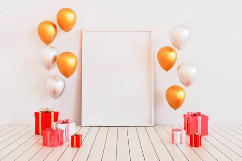 Preview: Poster mock up with silver and golden glossy 3d realistic balloons. 3d render