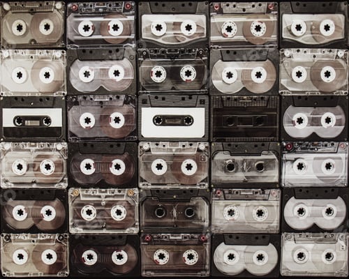 Preview: audio cassette background black and white photo, collection of audio cassettes