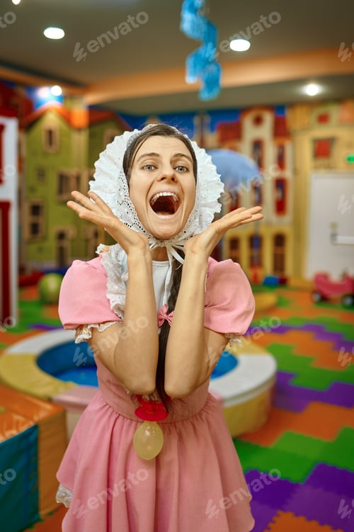 Preview: Funny woman like newborn with surprised excited face