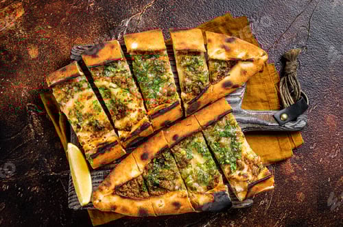 Preview: Traditional Turkish baked pide, Middle Eastern snack. Turkish pizza. Dark background. Top view
