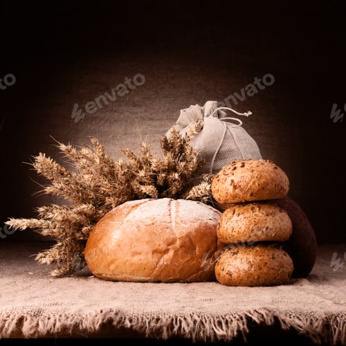 Preview: Bread, flour sack and ears bunch still life