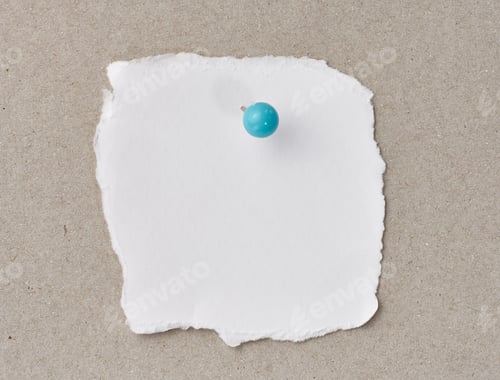 Preview: A torn piece of white paper is pinned with a blue pushpin to a gray paper background