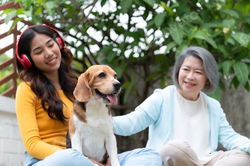 Preview: Family vacation, mother, daughter, and beagle puppy relaxing on weekends in the front yard.