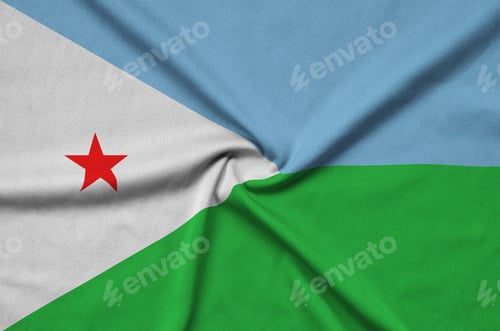 Preview: Djibouti flag is depicted on a sports cloth fabric with many folds. Sport team waving banner