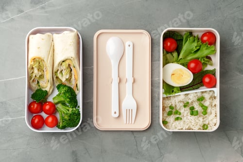 Preview: Lunch box with ready food on gray background