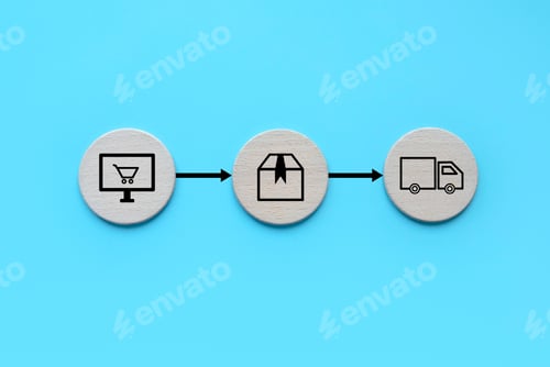 Preview: Sequence or flow of online shopping. Icon of shopping cart, box of parcel and delivery truck