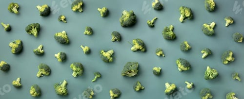 Preview: Creative layout of fresh broccoli on green paper background. Top view. Food pattern in minimal style