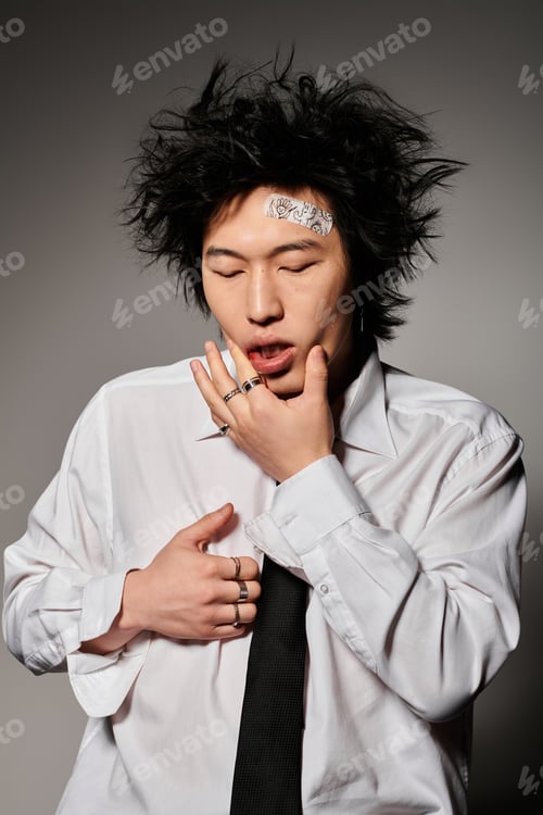 Preview: Stylish spring fashion showcase featuring an asian man with unique hairstyle in studio