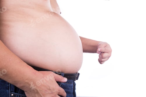 Preview: Man pointing own unhealthy big belly with visceral subcutaneous fats