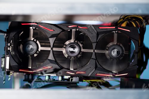 Preview: close-up shot of computer graphic card at ethereum mining farm
