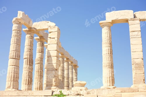 Preview: Ancient Greek temple of Poseidon on the background of the clear blue sky at Cape Sounion, Greece