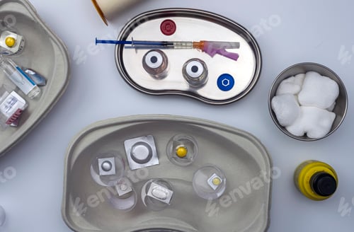 Preview: Diverse medication in glasses monodose in hospital, conceptual image