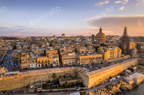 Preview: Valletta,Malta cityscape of old town at sunset, aerial drone view