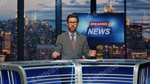 Preview: Anchor reporting breaking news at studio. Man journalist telling live reportage