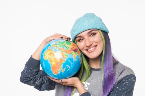 Preview: Eco-friendly young woman hipster embracing hugging globe, protecting against coronavirus