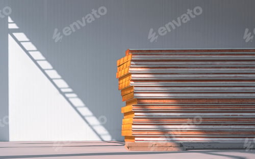 Preview: Sandwich panels isowall stacked on the floor in freezer warehouse industry factory construction site