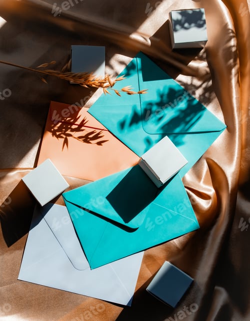 Preview: Classic envelopes and cubes on golden fabric with shadows
