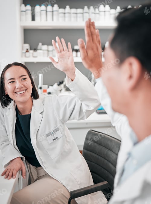 Preview: Medical, research and man with woman, high five and science with achievement, teamwork and congratu