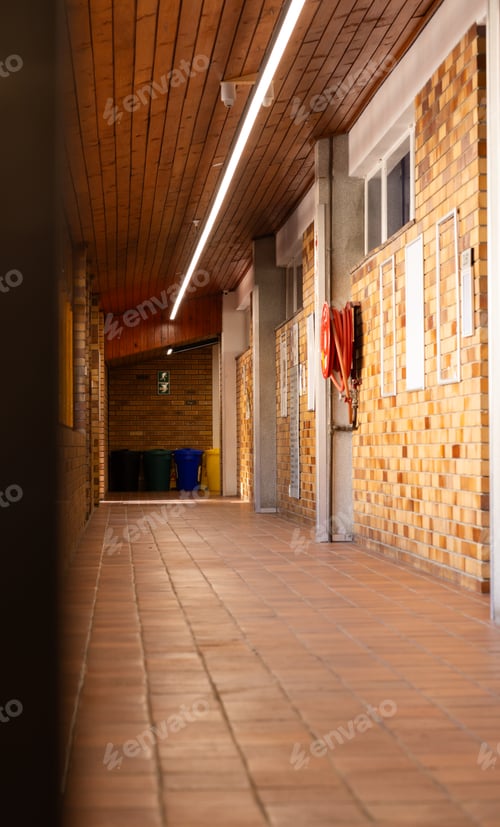 Preview: Empty school hallway with brick walls and fire hose, leading to classrooms